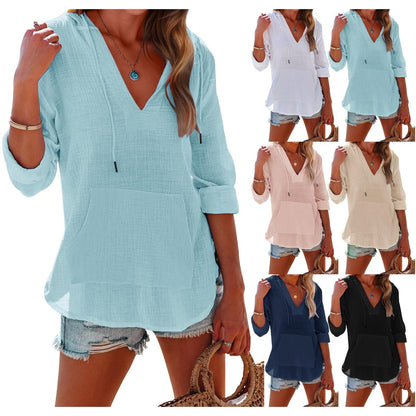 ⏰Tijdelijke korting - 50% Korting🏖️Vrouwen Oversized Kapuzen Beach Cover Up - Langermelige V-hals T-shirt met zakken